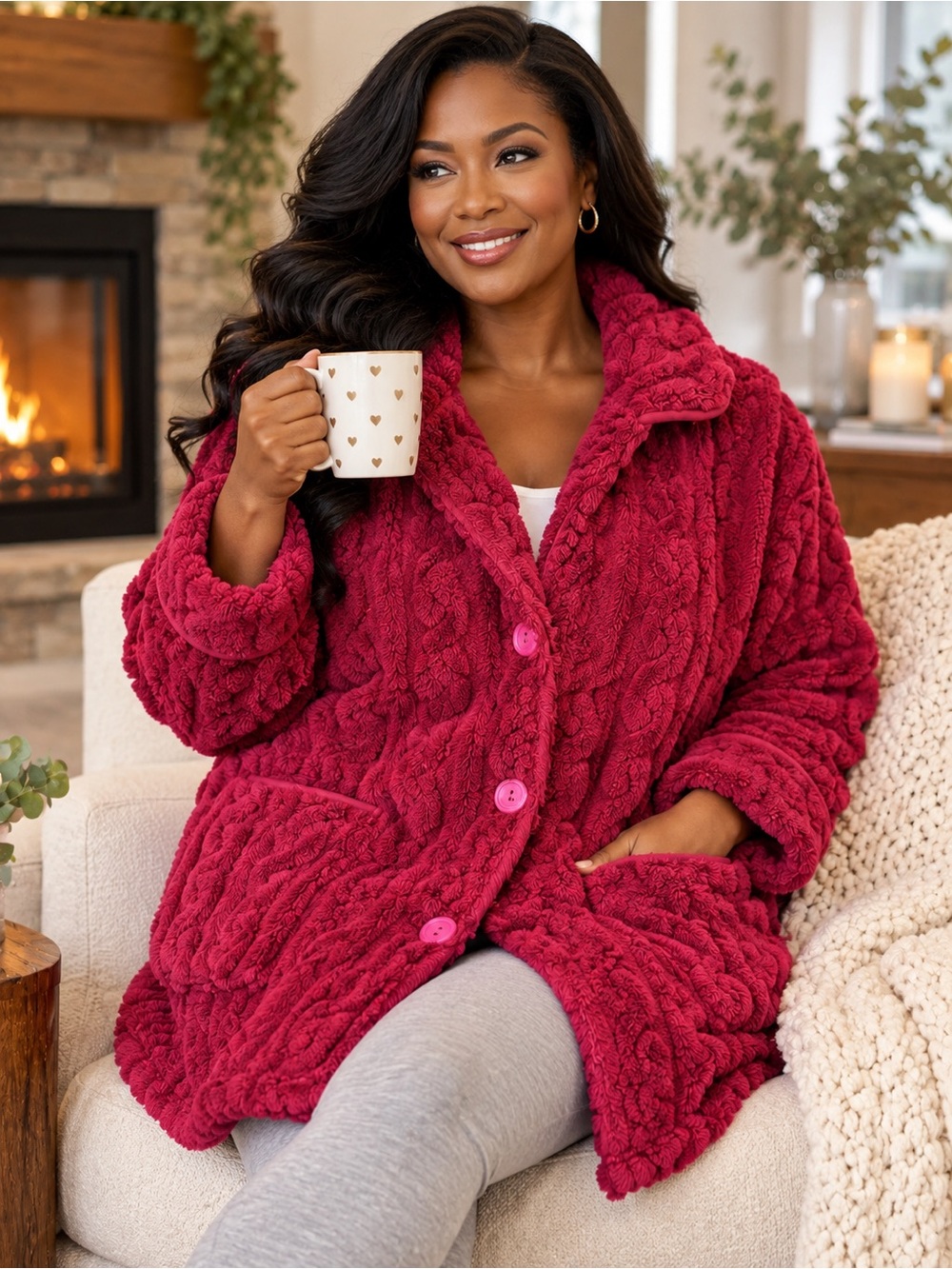 Stan Herman QVC Sherpa Cable Lounge Shacket Robe Wine Red L